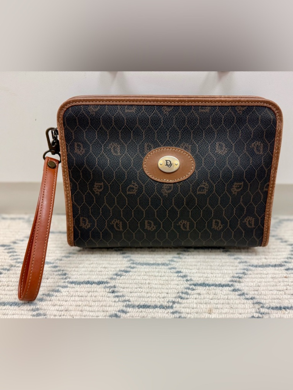 DIOR Vintage Iconic Honeycomb Monogram Brown Coated Canvas Wristlet Clutch Bag - Picture 2 of 16